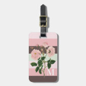 Modern Roze Groen Bruin Gestreept Bloemmonogram Bagagelabel (Voorkant verticaal)
