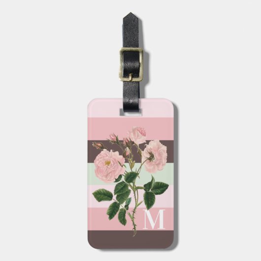 Modern Roze Groen Bruin Gestreept Bloemmonogram Bagagelabel (Voorkant verticaal)