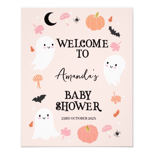 Modern Roze Halloween Baby shower Welkomstbord Foto Afdruk (Voorkant)