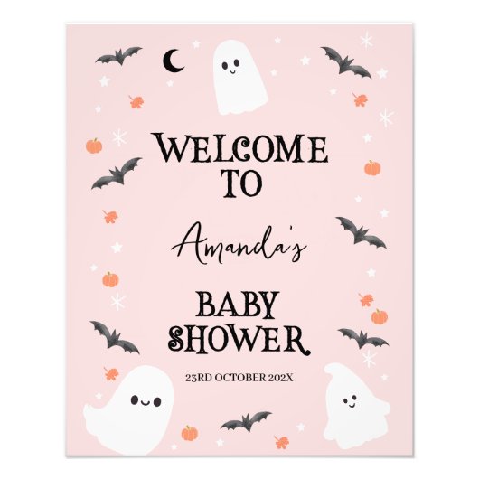 Modern roze Halloween Welkom Baby shower Teken Foto Afdruk (Voorkant)