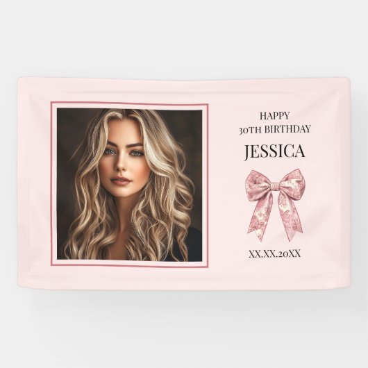 Modern roze Happy 30th Birthday Foto Dertig Bow Spandoek (Horizontaal)