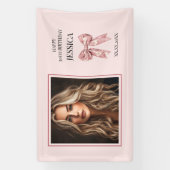 Modern roze Happy 30th Birthday Foto Dertig Bow Spandoek (Verticaal)