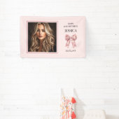 Modern roze Happy 30th Birthday Foto Dertig Bow Spandoek (Insitu)