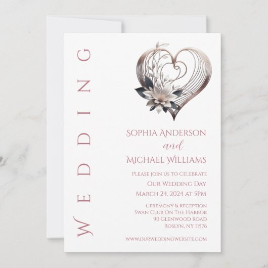 Modern roze hart met bloemen bruiloft kaart (Voorkant)