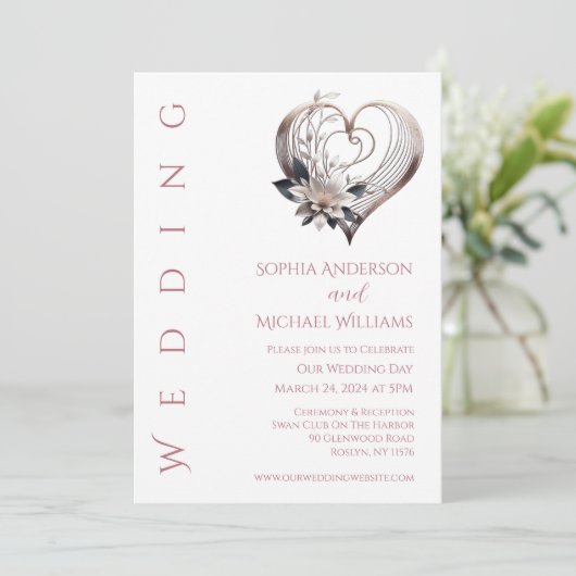 Modern roze hart met bloemen bruiloft kaart (Staand voorkant)