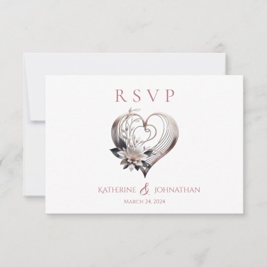 Modern roze hart met bloemen bruiloft RSVP kaartje (Voorkant)
