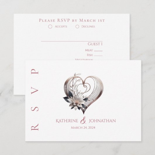 Modern roze hart met bloemen bruiloft RSVP kaartje (Voorkant / Achterkant)