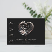 Modern roze hart met bloemen bruiloft RSVP kaartje (Staand voorkant)