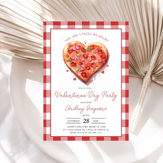 Modern Roze Hart Pizza geruite Valentijnse feestje Kaart