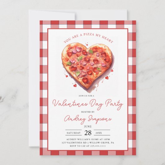 Modern Roze Hart Pizza geruite Valentijnse feestje Kaart (Voorkant)