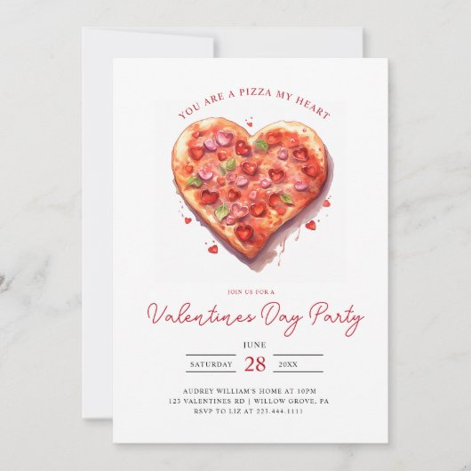 Modern Roze Hart Pizza Valentijnse feestje Kaart (Voorkant)