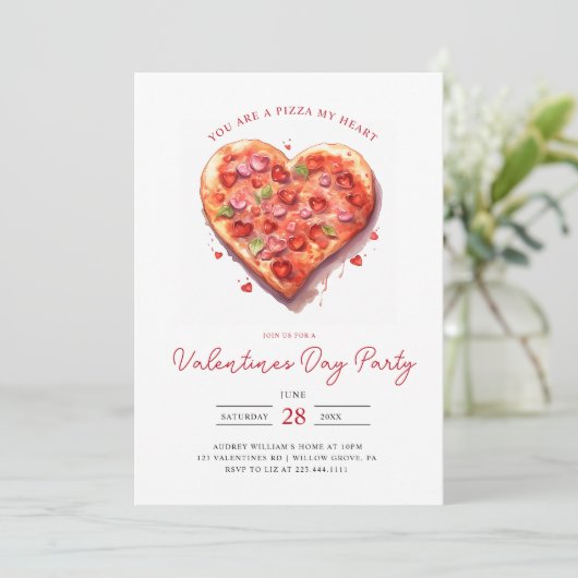 Modern Roze Hart Pizza Valentijnse feestje Kaart (Staand voorkant)