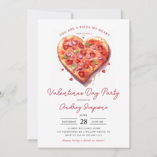 Modern Roze Hart Pizza Valentijnse feestje Kaart (Voorkant)