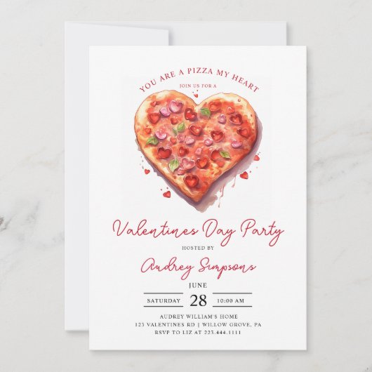 Modern Roze Hart Pizza Valentijnse feestje Kaart (Voorkant)