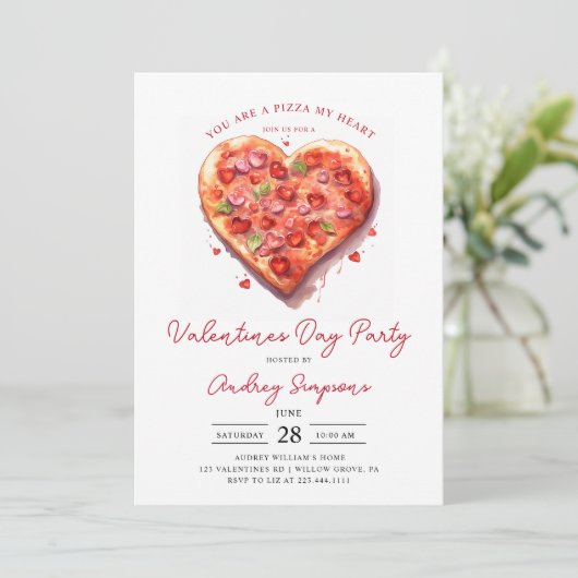 Modern Roze Hart Pizza Valentijnse feestje Kaart (Staand voorkant)