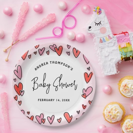 Modern roze harten Valentijn Baby shower Papieren Bordje (Feest)