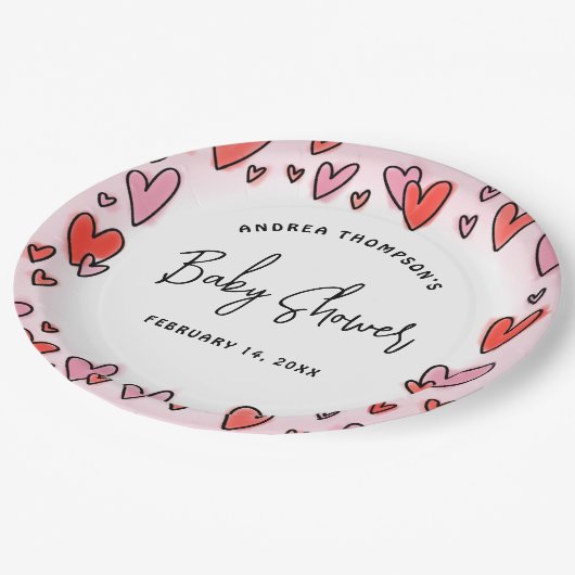 Modern roze harten Valentijn Baby shower Papieren Bordje (Gekanteld)