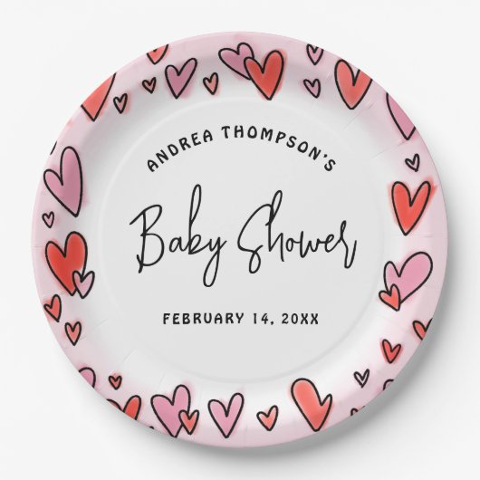 Modern roze harten Valentijn Baby shower Papieren Bordje (Voorkant)