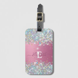 Modern roze holografische faux glitter monogram bagagelabel