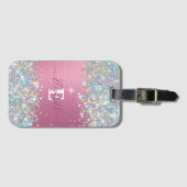 Modern roze holografische faux glitter monogram bagagelabel (Voorkant (horizontaal))