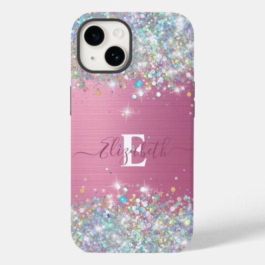 Modern roze holografische faux glitter monogram Case-Mate iPhone case (Achterkant)