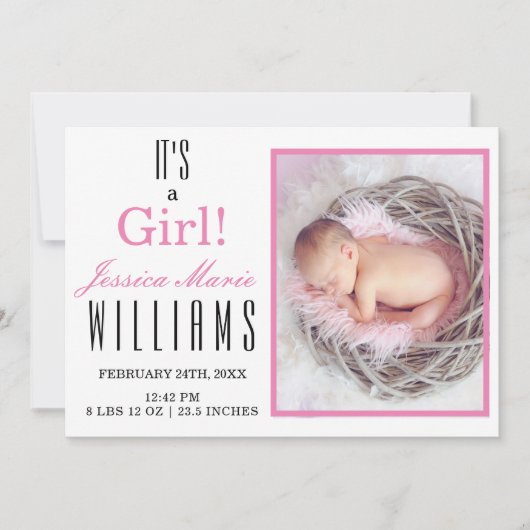 Modern Roze is een meisje! Baby Geboorteaankondigi Aankondiging (Voorkant)