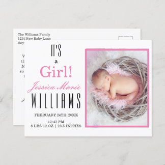 Modern Roze is een meisje! Baby Geboorteaankondigi Briefkaart