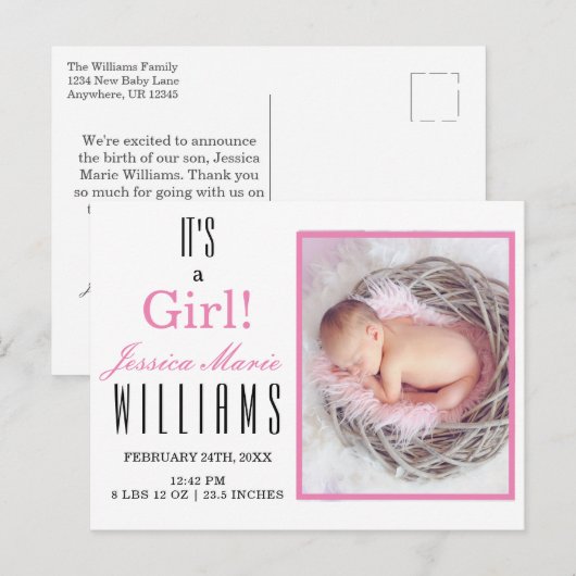 Modern Roze is een meisje! Baby Geboorteaankondigi Briefkaart (Voorkant / Achterkant)