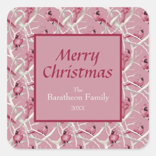 Modern Roze Kardinaal Vogelfeest Vierkante Sticker (Voorkant)