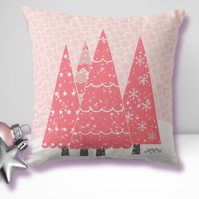 Modern Roze Kerstbomen Monogram Sierkussen (Creator heeft geüpload)