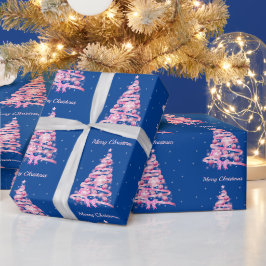 Modern Roze Kerstboom Patroon Marine Blauw Cadeaupapier