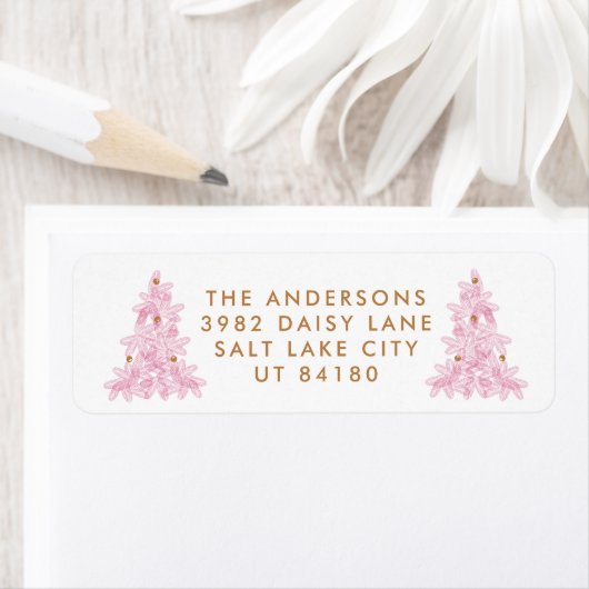 Modern roze kerstboom terug adres label (Insitu)