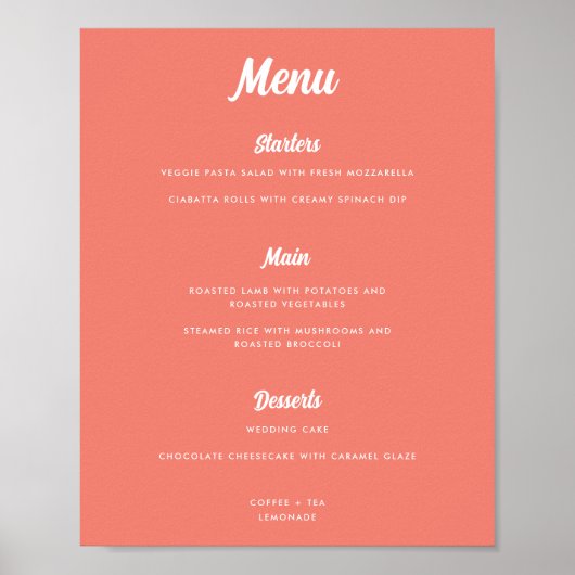 Modern Roze Koraal Script Wedding Menu Sign Poster (Voorkant)