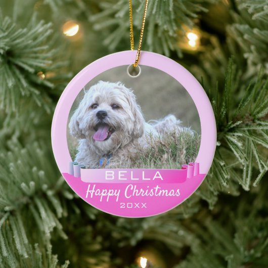 Modern roze lintje-hond of foto-Kerstmis Keramisch Ornament (Boom)