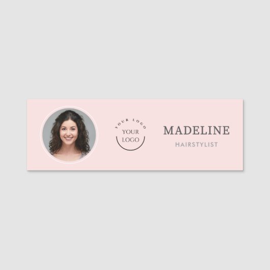 Modern Roze Logo Foto Haarstylist Naamplaatje (Voorkant)