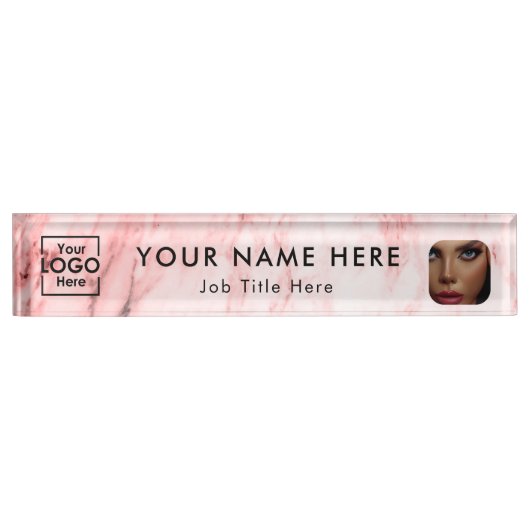 Modern Roze Marmer Business Logo Foto Beauty Naambordje (Voorkant)