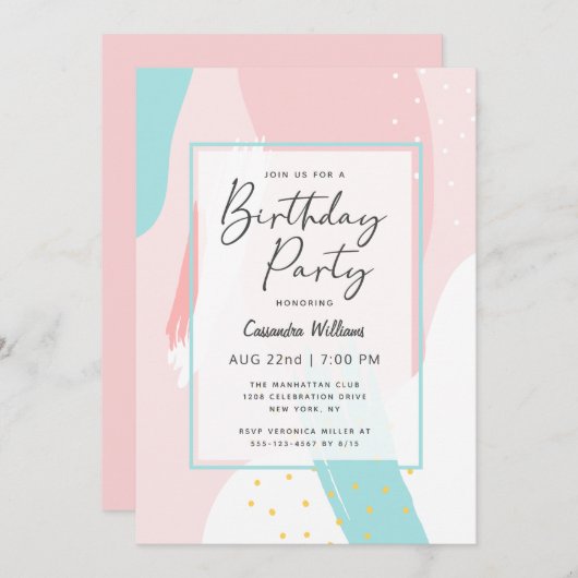 Modern Roze Meisje Abstract Verjaardagsfeestje voo Kaart (Voorkant / Achterkant)