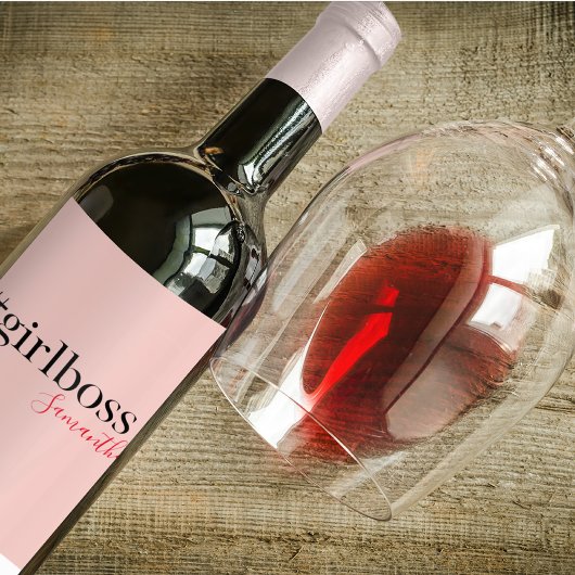 Modern Roze Meisje Boss & Name | Meisjescadeau Wijn Etiket