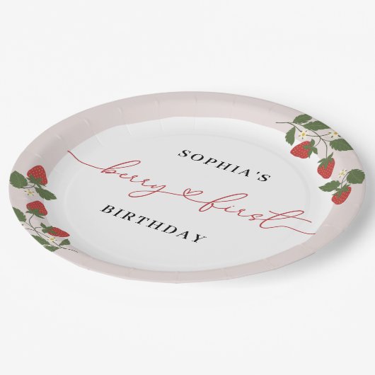 Modern roze meisje's Berry Eerste Verjaardagsfeest Papieren Bordje (Gekanteld)