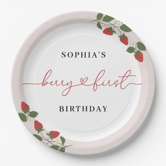 Modern roze meisje's Berry Eerste Verjaardagsfeest Papieren Bordje (Voorkant)