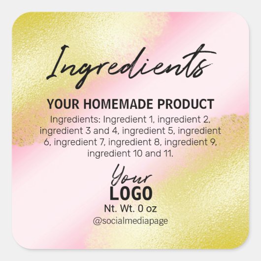 Modern roze met gouden inkt ingrediëntenlabels vierkante sticker (Voorkant)