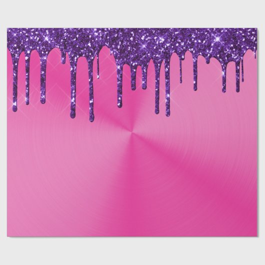 Modern Roze Metaal Paarse Glitter Drips Cadeaupapier (Vlak)
