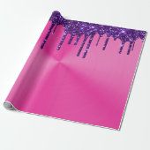 Modern Roze Metaal Paarse Glitter Drips Cadeaupapier (Uitgerold)