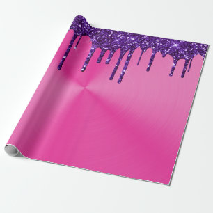 Modern Roze Metaal Paarse Glitter Drips Cadeaupapier