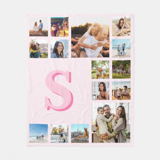 Modern Roze Monogram Custom 15 Fotocollage Fleece Deken (Voorkant)