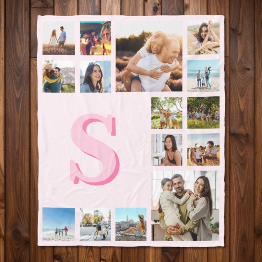 Modern Roze Monogram Custom 15 Fotocollage Fleece Deken