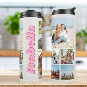 Modern Roze Monogram Gepersonaliseerde 10 Fotocoll Thermosbeker