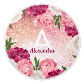 Modern Roze Monogram Glitter Floral Keramische Knop (Voorkant)