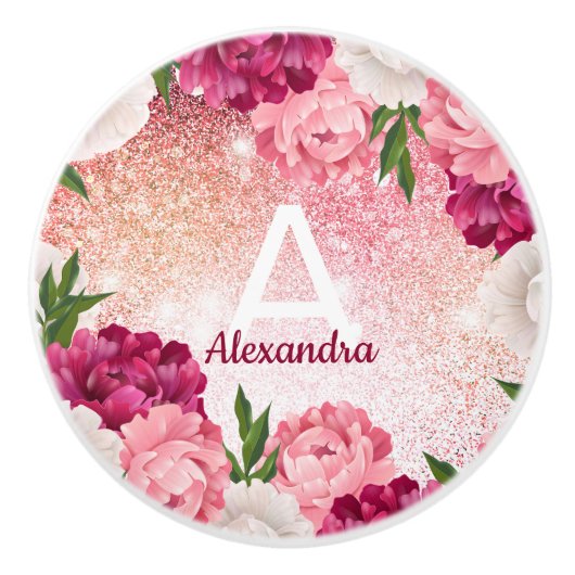 Modern Roze Monogram Glitter Floral Keramische Knop (Voorkant)