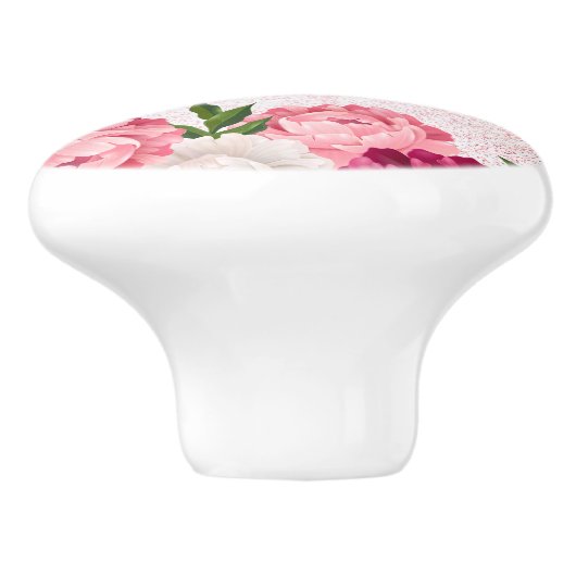 Modern Roze Monogram Glitter Floral Keramische Knop (Zijkant)
